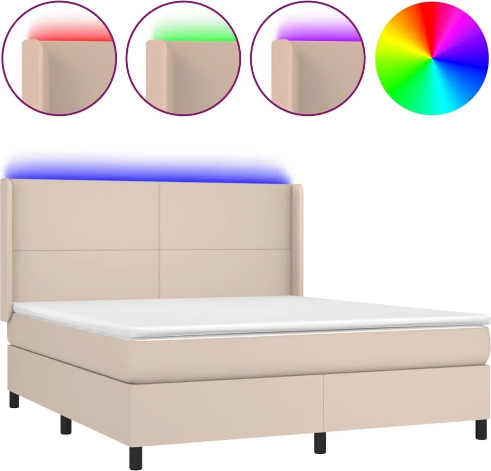 vidaXL Pat cu arcuri, saltea și LED, cappuccino, 160x200cm piele eco