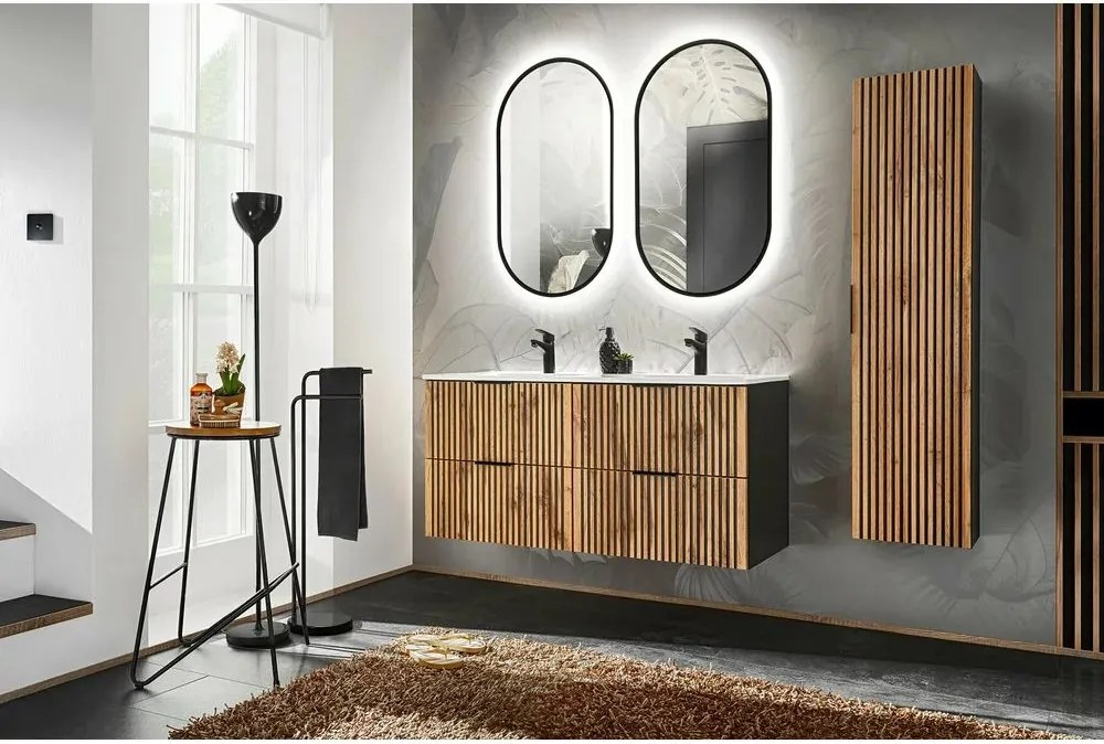 Set dulap baza suspendat 120 cm cu lavoar, dulap coloana si oglinda Comad Xilo stejar Wotan si gri piatra