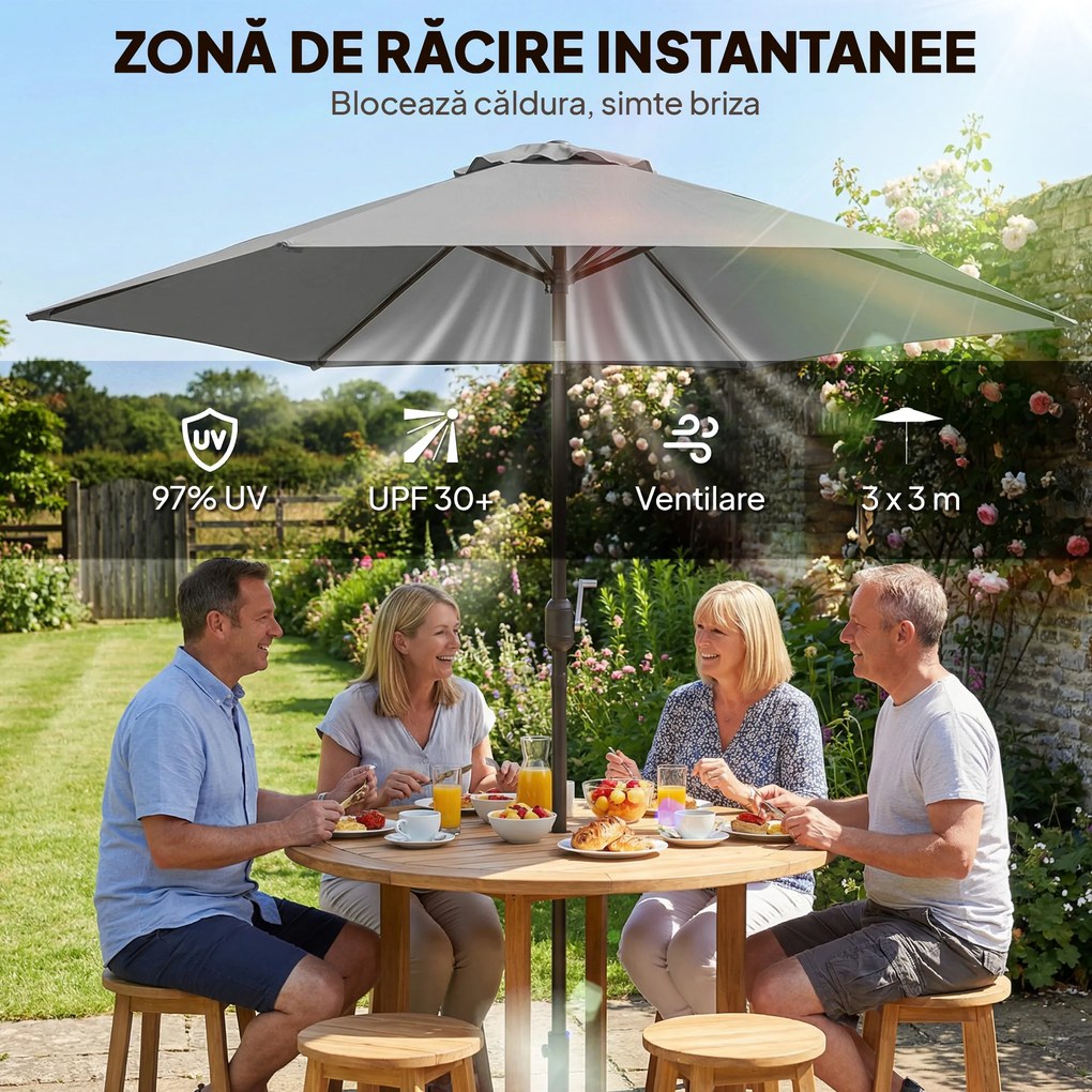 Outsunny Umbrelă de Grădină 3x3 m Înclinabilă cu Deschidere prin Manivelă, Umbrelă de Exterior cu Husă, Anti-UV 30+ din Metal și Poliester 180 g/㎡, Gri | Aosom Romania