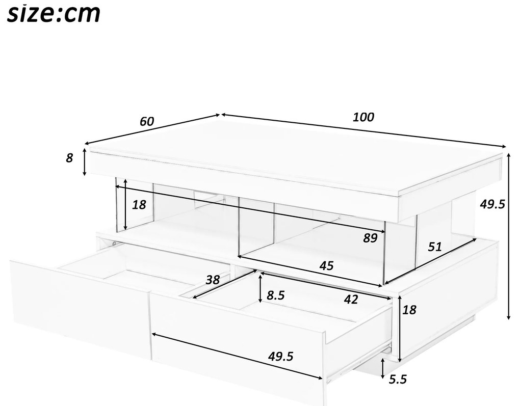 Măsuță de cafea modernă cu iluminare LED și rafturi din acril, 100x60x49,5 cm, albă