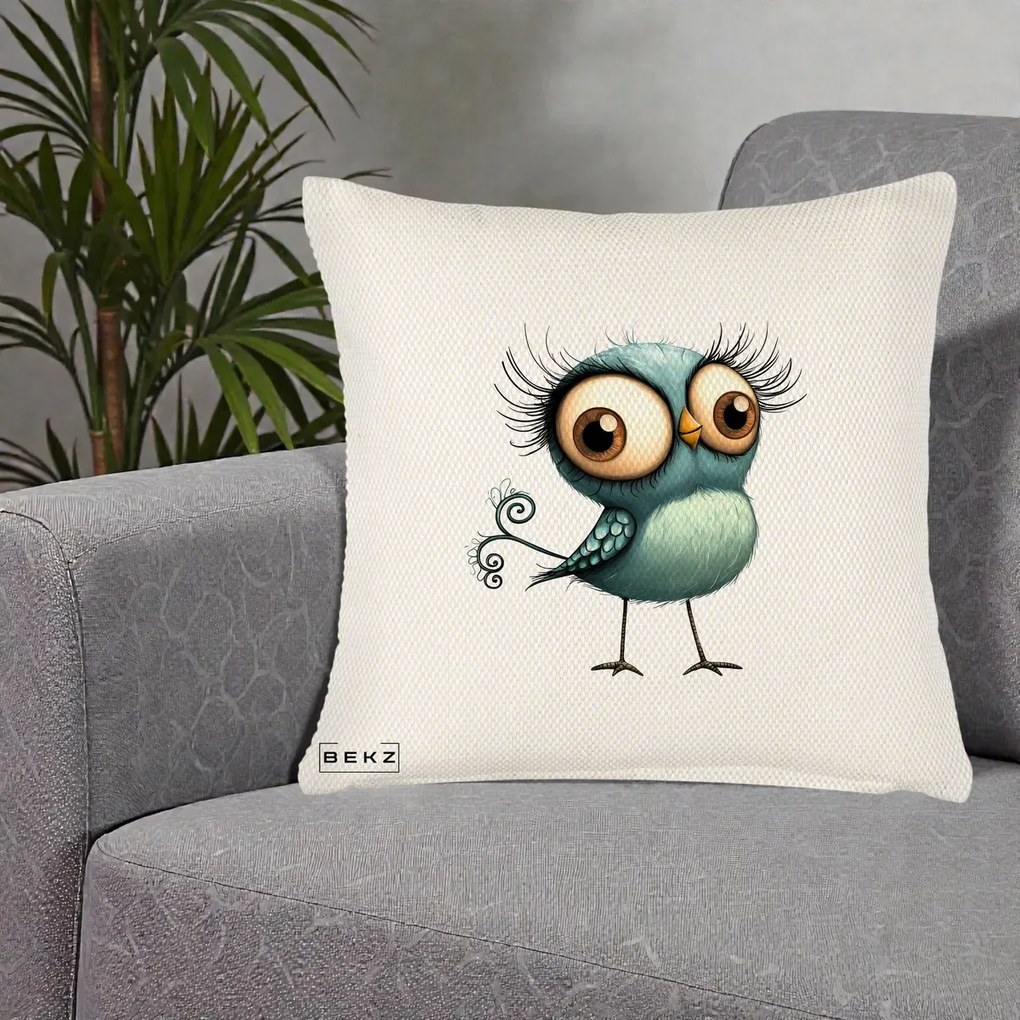 Perna Decorativa Pasare Teal cu Gene si Coada Spiralata, 40x40 cm, Crem Reliefat, Husa Detasabila, Perna Inclusa, BEKZ®