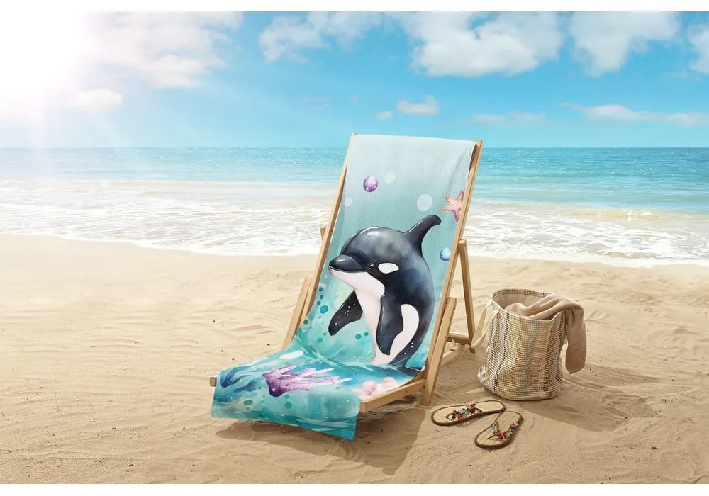 Prosop de plajă albastru din catifea pentru copii 75x150 cm Splash – Good Morning