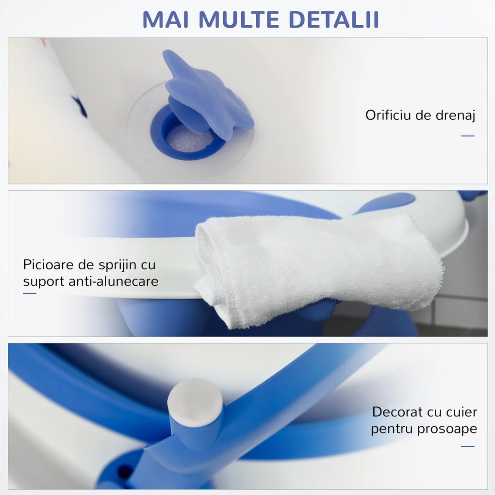 HOMCOM Cadă Pliabilă cu Indicator de Temperatură și Pernuță, Albastru, 81.5x50.5x23.5 cm, pentru Bebeluși 0-3 Ani | Aosom Romania