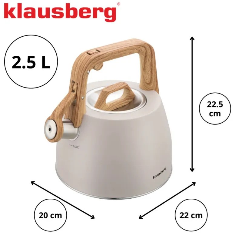 Ceainic cu fluier Klausberg KB-7917, 2,5 l, Maner izolat termic, Inductie, Bej