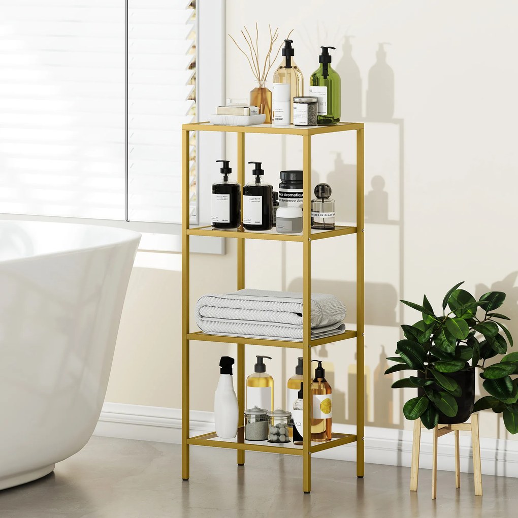 HOMCOM Unitate de Rafturi cu 4 Nivele, Raft de Sticlă, Raft de Stocare Vertical pentru Sufragerie, Birou Acasă, Dormitor, Baie, Tonuri de Aur | Aosom Romania