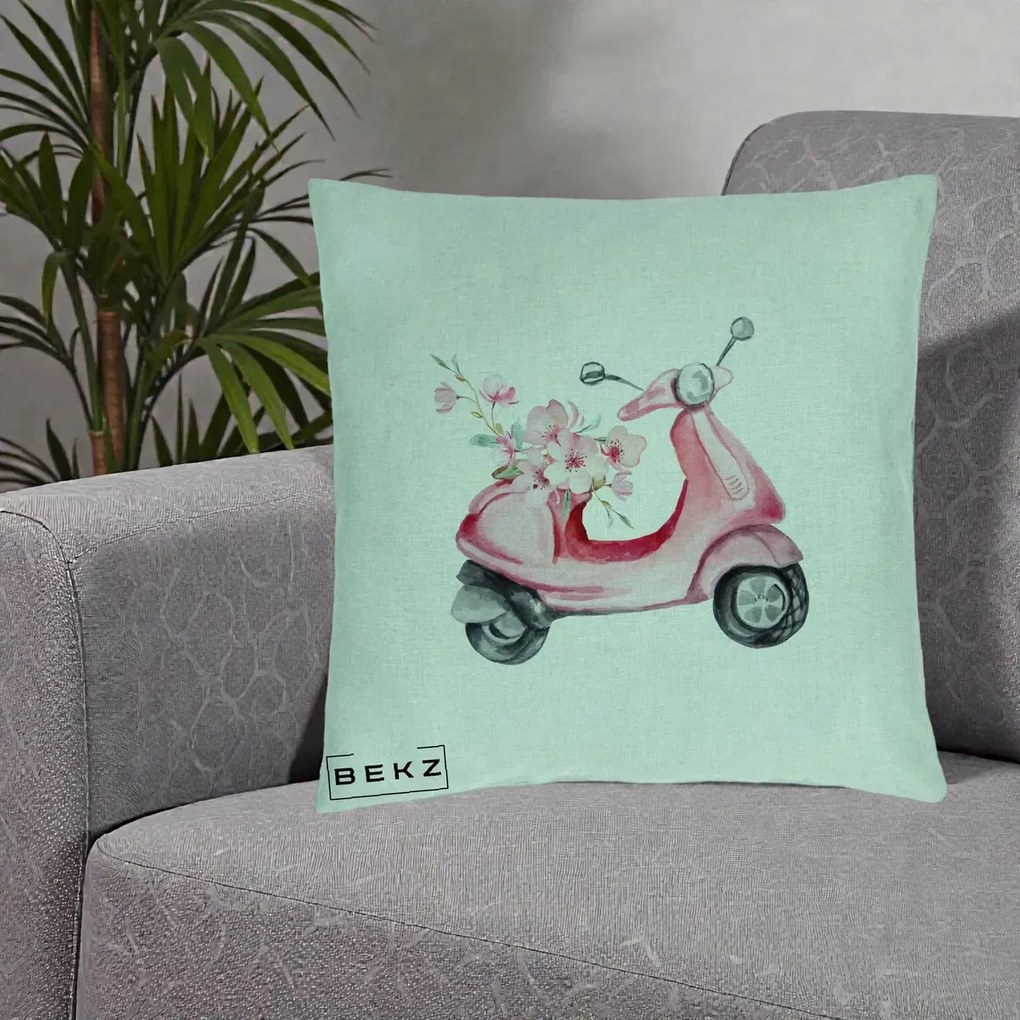 Perna Decorativa Scuter Roz cu Flori Acuarela, 40x40 cm, Verde Menta, Husa Detasabila, Perna Inclusa, BEKZ®