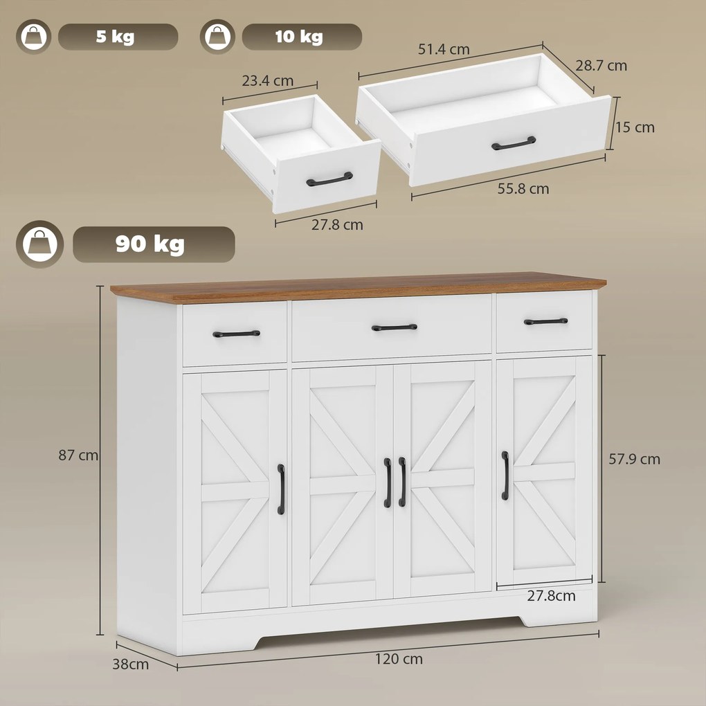 HOMCOM Bufet Bucătărie Rustic, Bufet cu Uși Soft-Close, 3 Sertare, 3 Rafturi Reglabile, Portaspecii, PAL, MDF, Alb | Aosom Romania