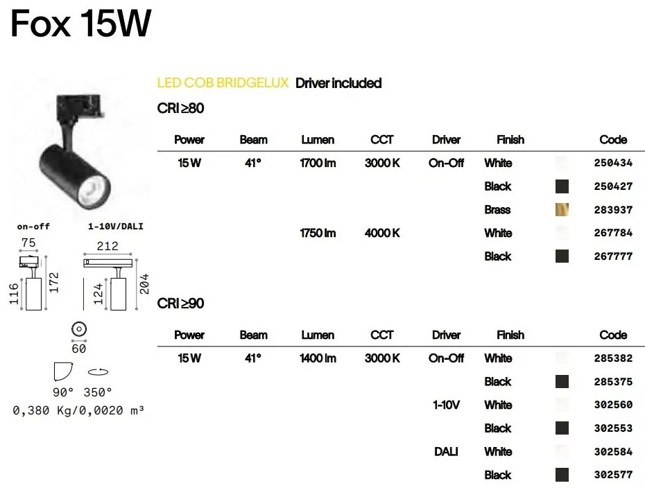 Spot LED directionabil pentru sina Link, FOX 15W CRI80 41° 3000K BK 250427 IDL