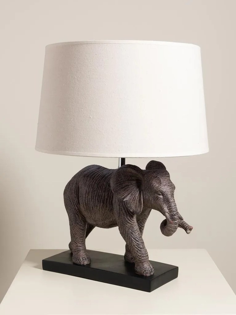 Lampa de masa elefant din polirasină, cu abajur din in si bumbac , "Savane"