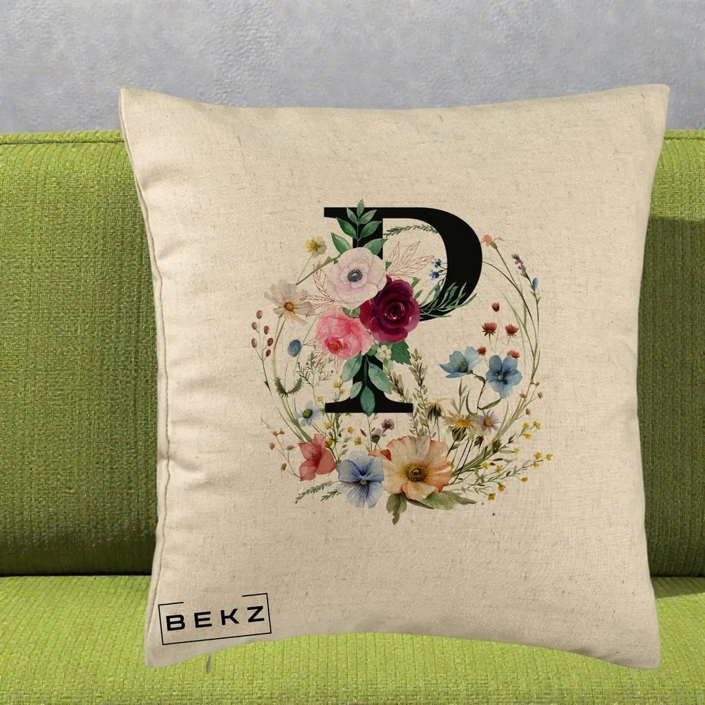 Cadou Personalizat - Perna Personalizata Monogram Litera P cu Flori Acuarela, 40x40 cm, Bej, Husa Detasabila, Perna Inclusa, BEKZ®