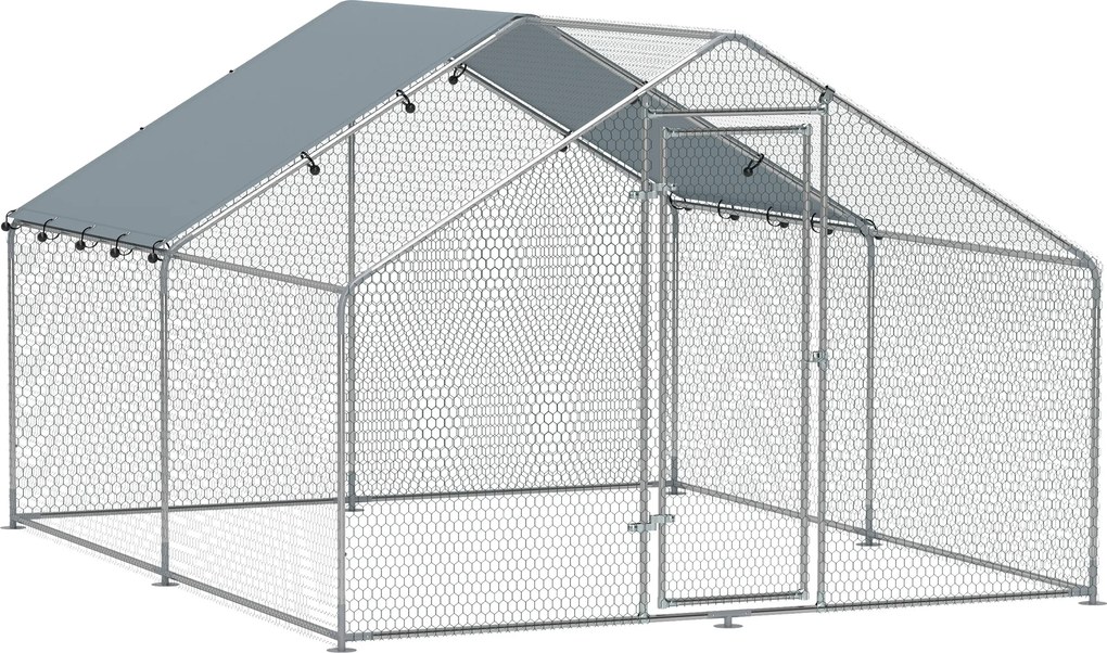 PawHut Coteț pentru Găini din Metal cu Copertină Impermeabilă și Rezistentă la UV, 3x3,4x1,9 m, Argintiu | Aosom Romania