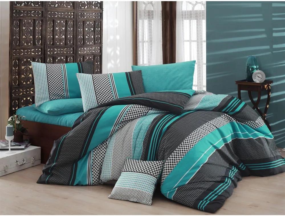 Lenjerie de pat cu cearșaf pentru pat dublu Nazenin Home Zigo Turquoise, 200 x 220 cm