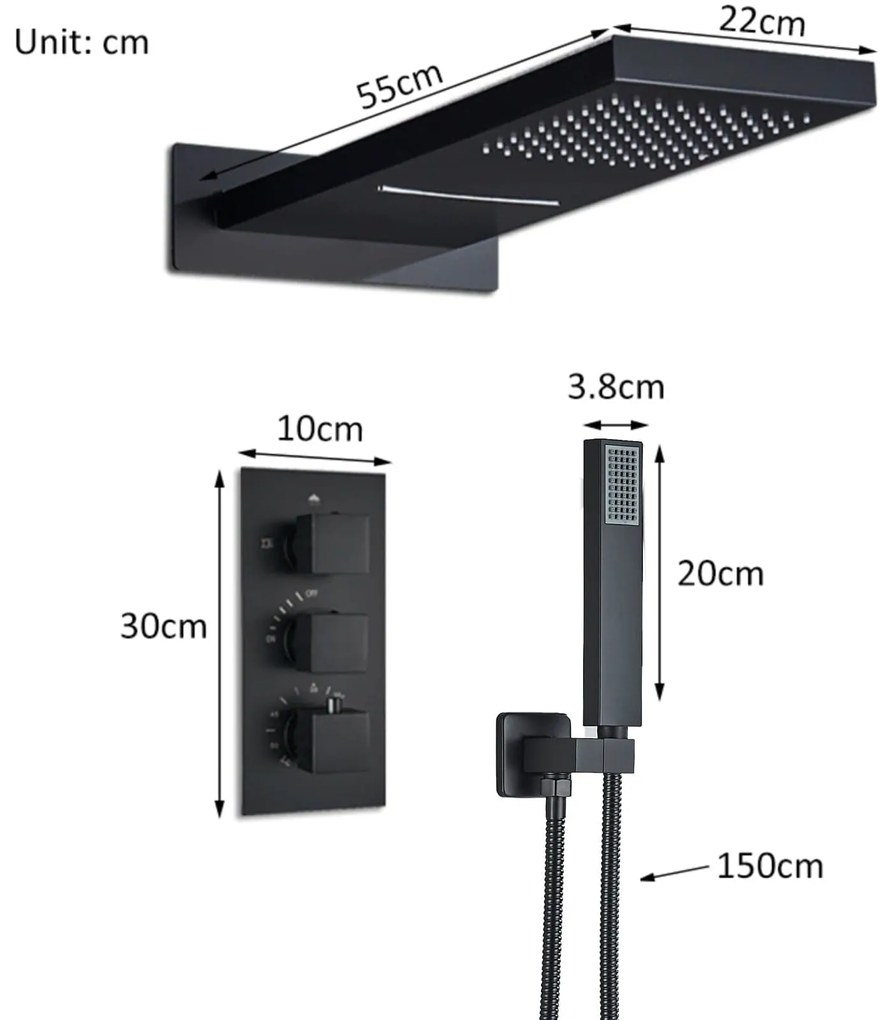 Set de dus auriu mat cu para tip cascada, termostat si 3 functii de curgere a apei