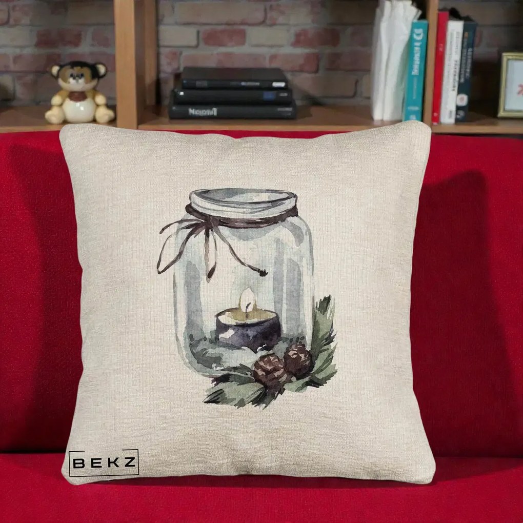 Perna Decorativa Felinar cu Lumanare si Conuri, 40x40 cm, Bej Canapea, Husa Detasabila, Perna Inclusa, BEKZ®