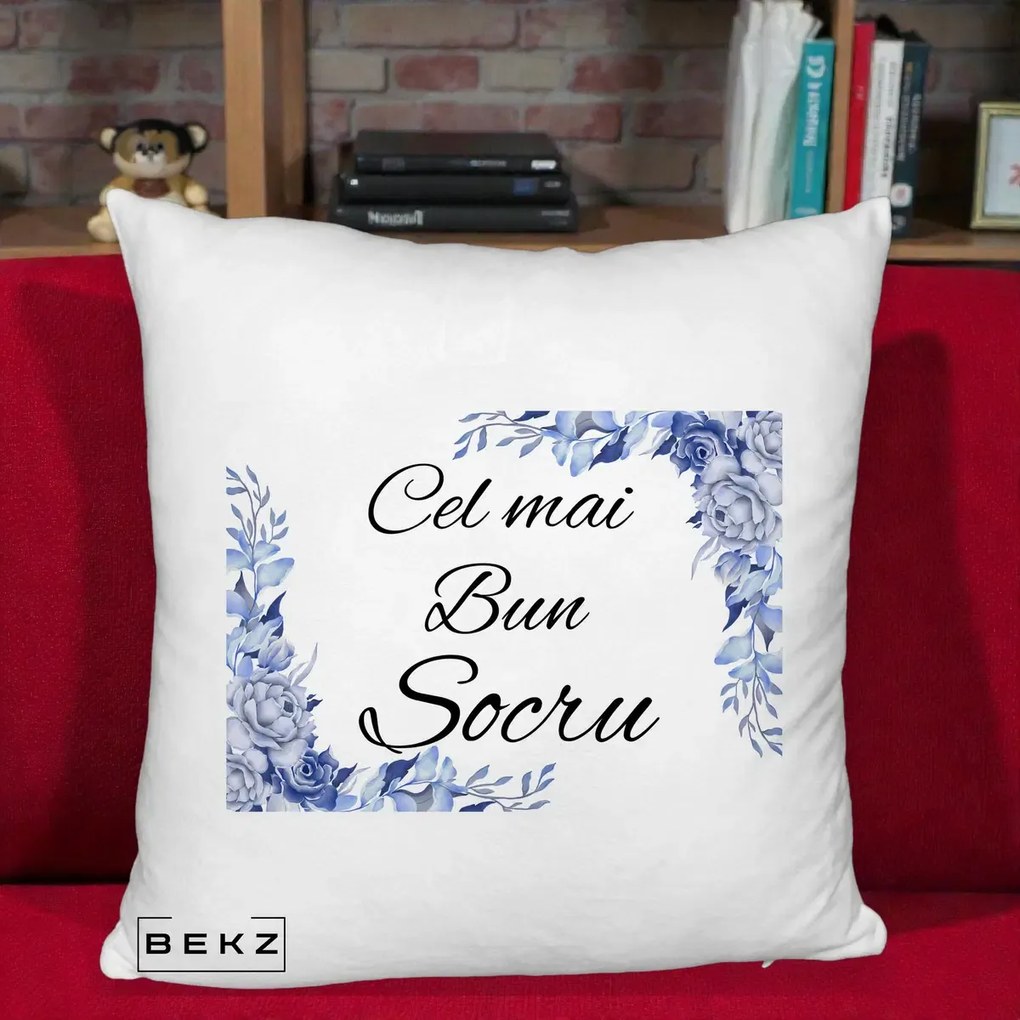 Cadou pentru Socru - Perna Personalizata Cel mai Bun Socru cu Flori Albastre Acuarela, 40x40 cm, Alb Pufos, Husa Detasabila, Perna Inclusa, BEKZ®