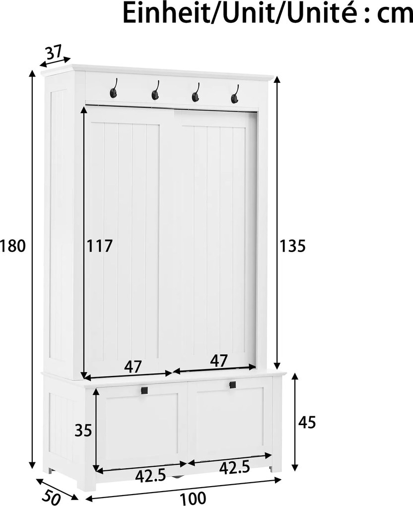 Dulap de hol cu uși glisante și compartiment pentru pantofi integrat, sistem de depozitare multifuncțional cu cârlige, 100x50x180 cm, Alb