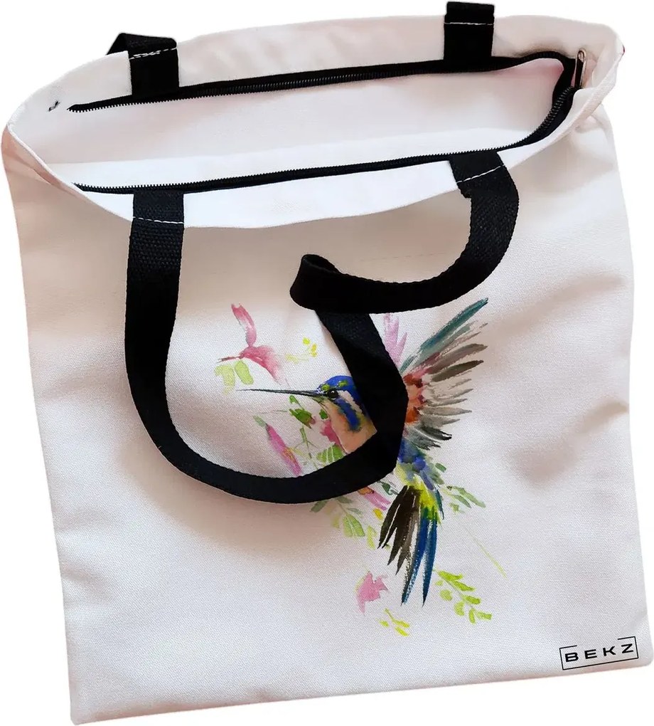 Sacosa de Panza pentru Cumparaturi, Geanta Tote, model Watercolor Bird, Cu fermoar, 38x34.5 cm, Alba, BEKZ®