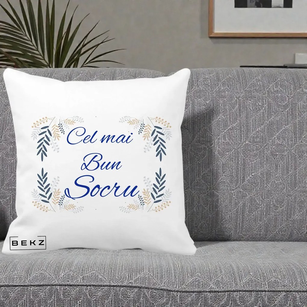 Cadou pentru Socru - Perna Personalizata Cel mai Bun Socru cu Ramuri Frunze Albastre si Aurii, 40x40 cm, Alba Mata, Husa Detasabila, Perna Inclusa, BEKZ®