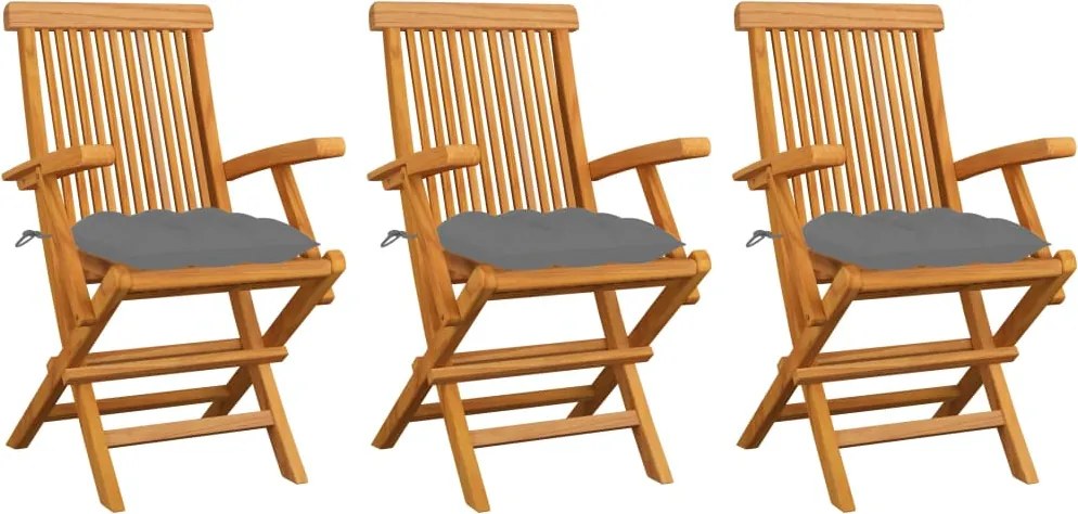 vidaXL Scaune grădină cu perne gri, 3 buc., lemn masiv de tec