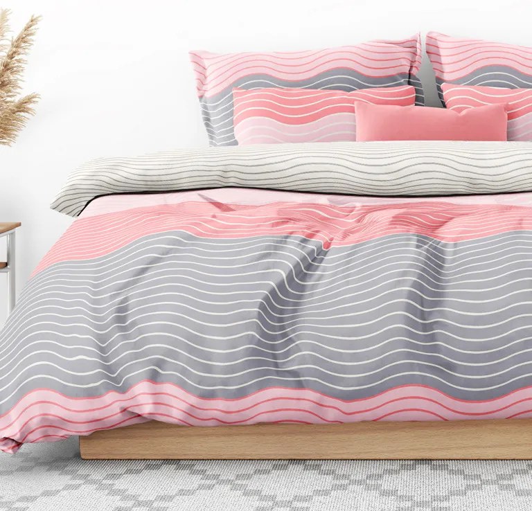 Goldea lenjerie de pat din bumbac satinat deluxe - model 1101 valuri roz și gri 140 x 200 și 70 x 90 cm