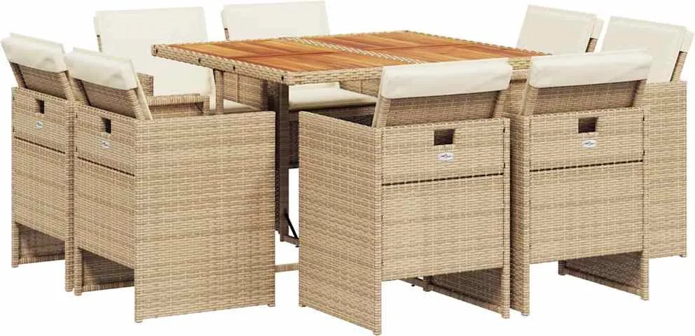vidaXL Set de masă pentru grădină, 9 piese, cu perne, bej, poliratan