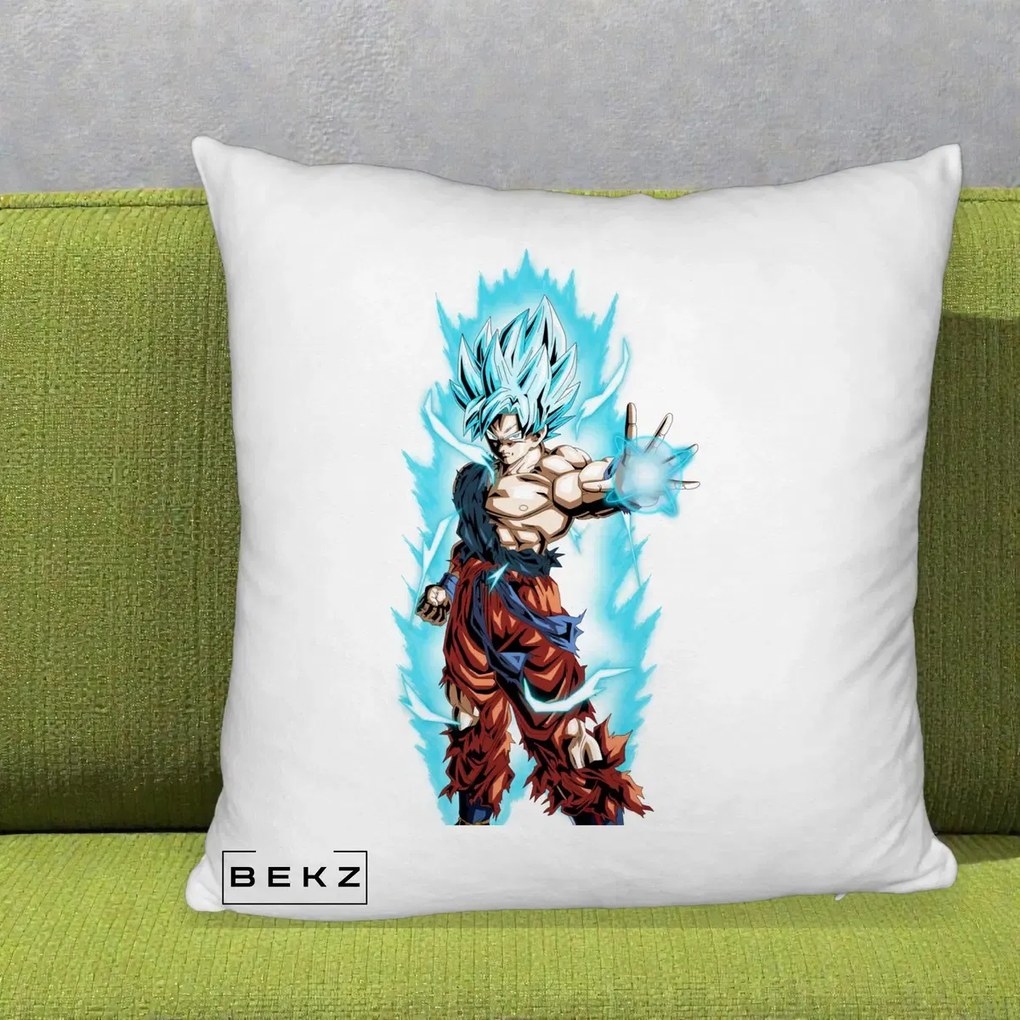 Perna Personalizata Dragon Ball Goku Ultra Instinct Blue, 40x40 cm, Alb Pufos, Husa Detasabila, Perna Inclusa, BEKZ®