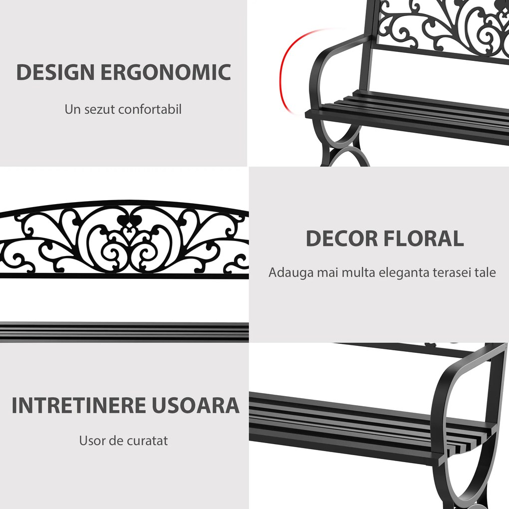 Outsunny Bancă de Grădină pentru Exterior din Metal și Fontă, 127×60×85 cm, Negru | Aosom Romania