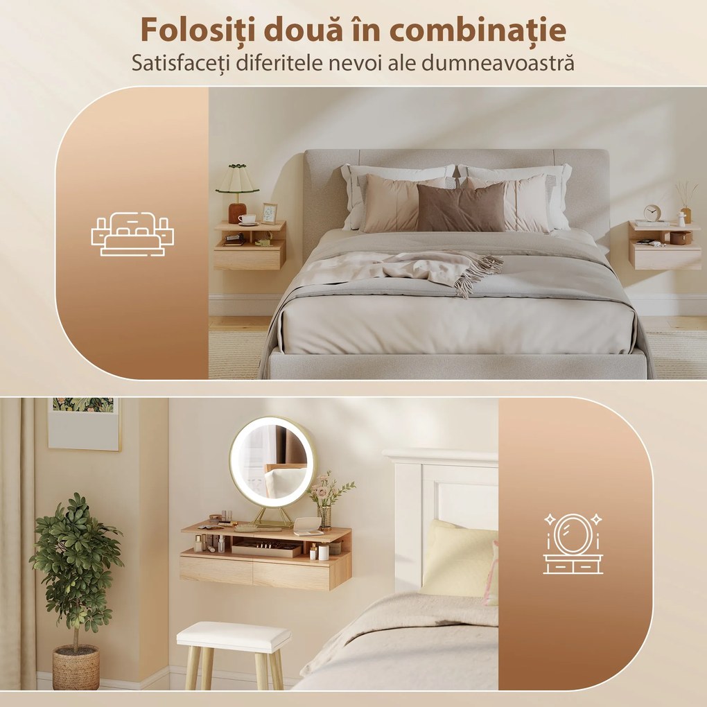 HOMCOM Set de 2 Noptiere Suspendate pe Perete cu Sertar, Stejar | Aosom Romania