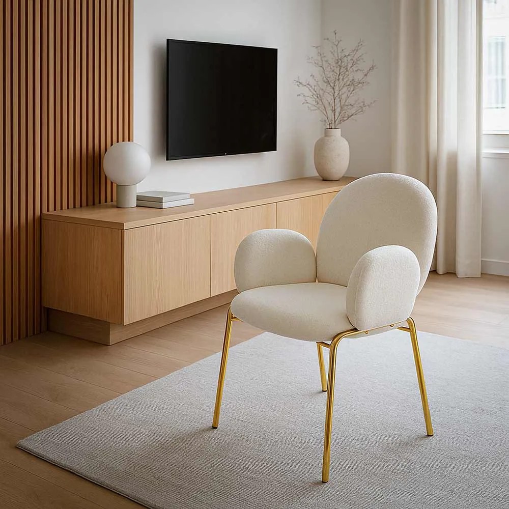 Scaun dining crem din material boucle cu aspect elegant BUC 282