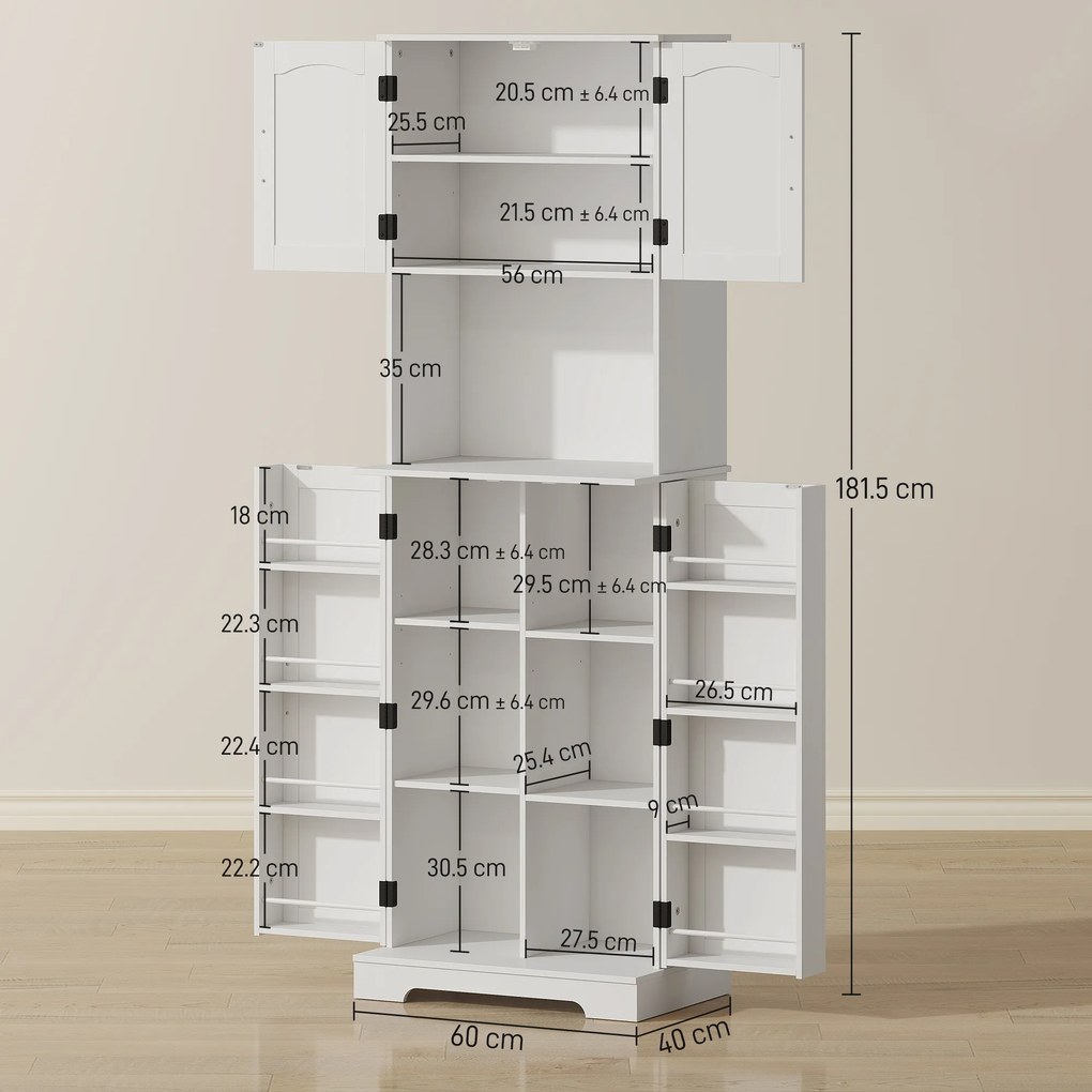 HOMCOM Dulap de bucătărie înalt, stil country, cu 2 dulapuri și 8 suporturi pentru condimente, 60x40x181.5 cm, alb | Aosom Romania