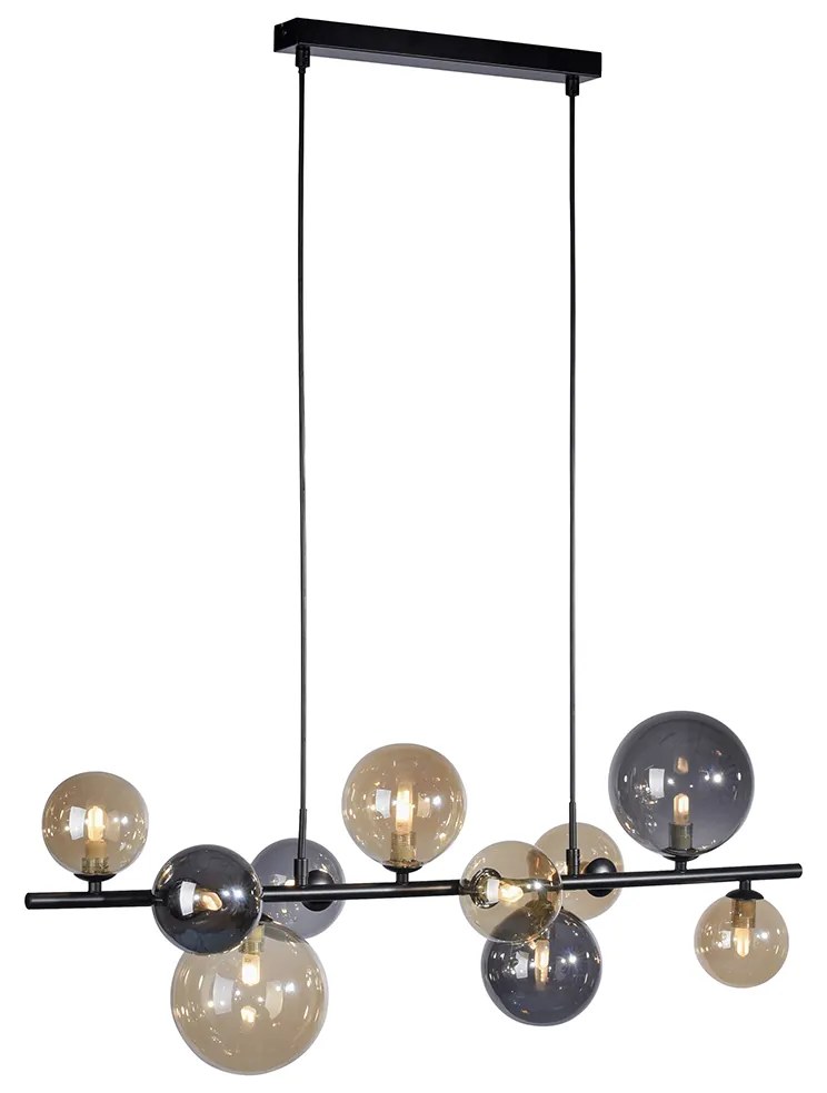 Lampă suspendată Art Deco neagră cu sticlă fumurie și aurie cu 10 lumini - Wess