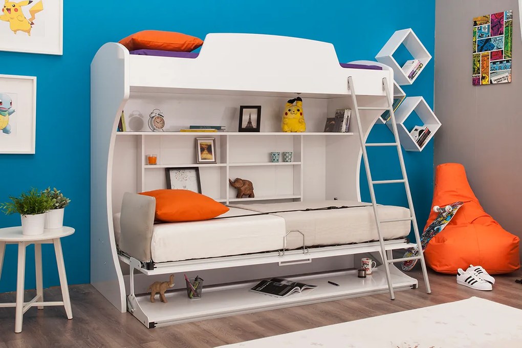 Pat rabatabil suprapus cu birou diva academy bunk (85x190) si (90x190) - alb mat