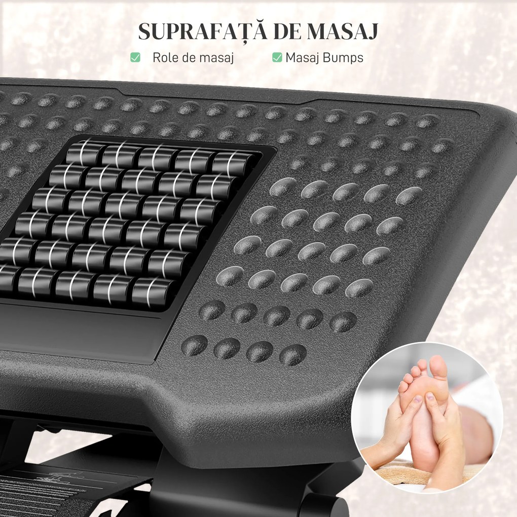 HOMCOM Suport Ergonomic pentru Picioare cu Role de Masaj, Antiderapant și Reglabil pe 3 Înălțimi, 46x35x17 cm, Negru | Aosom Romania