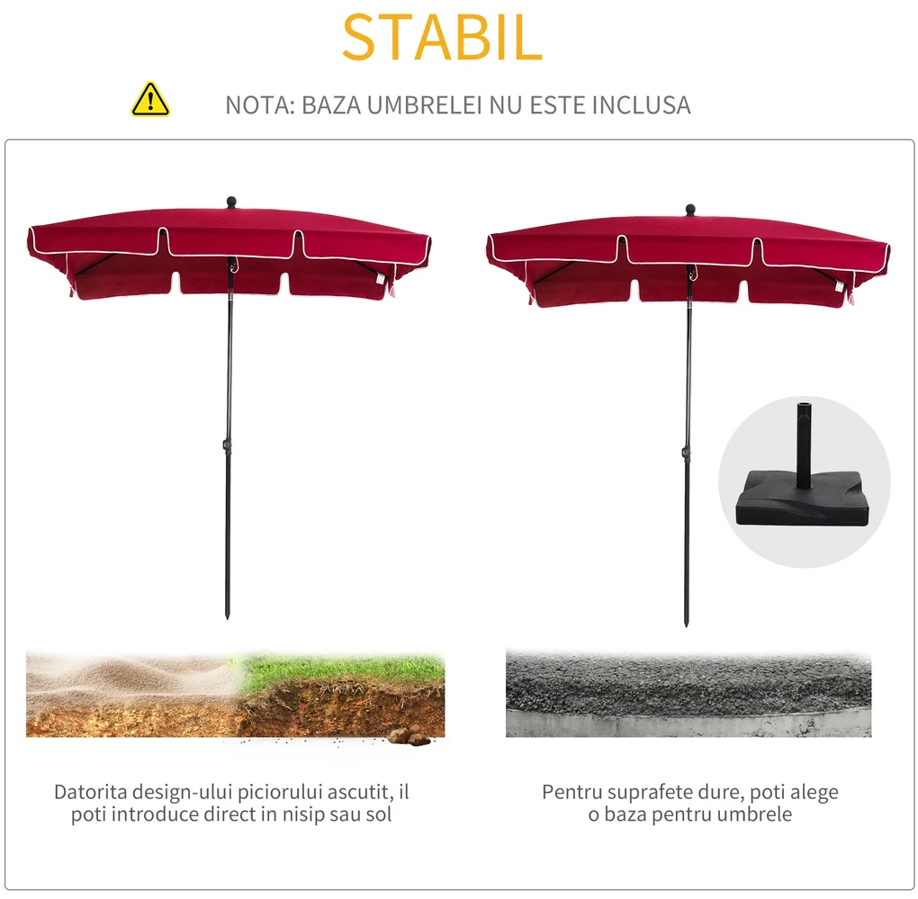 Outsunny Umbrelă de Grădină Dreptunghiulară cu Înălțime Reglabilă, Cadru din Aluminiu, 200x125x235cm, Roșu | Aosom Romania