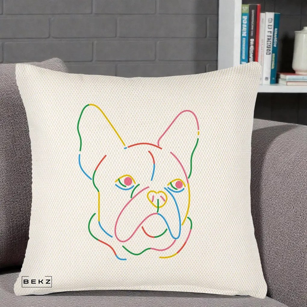 Perna Decorativa Bulldog Francez Line Art Curcubeu, 40x40 cm, Crem Reliefat, Husa Detasabila, Perna Inclusa, BEKZ®