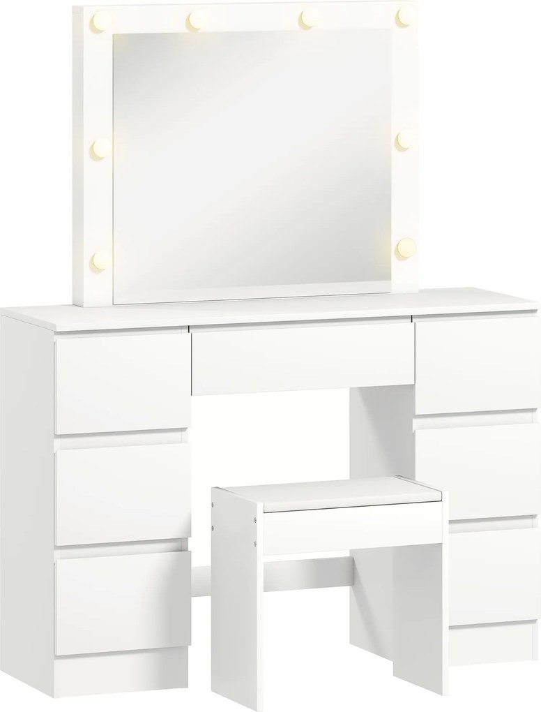 HOMCOM Masă de Machiaj cu Oglindă, 8 Lumini LED, Scaun și 7 Sertare Alb | Aosom Romania