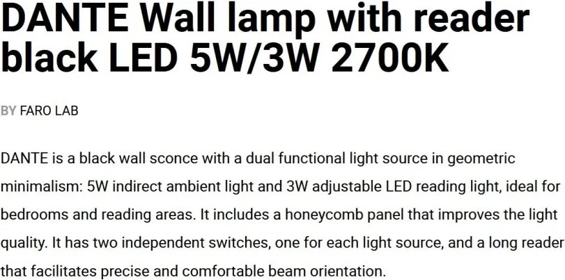 Aplica LED ambientala cu reader directionabil DANTE negru 5W/3W 2700K