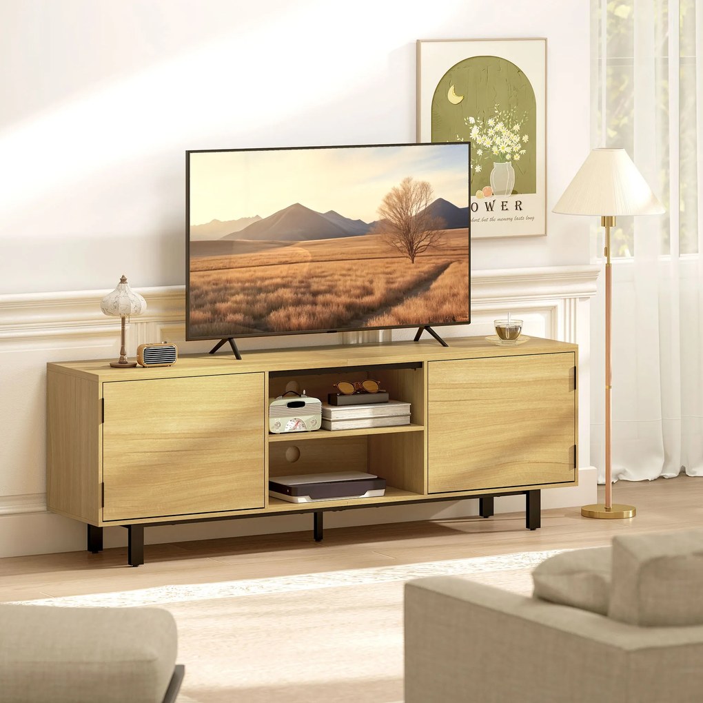 HOMCOM Comodă TV, mobilier TV până la 165 cm, 2 uși cu deschidere prin apăsare și 2 rafturi, 160x35x55,5cm, lemn natural | Aosom Romania