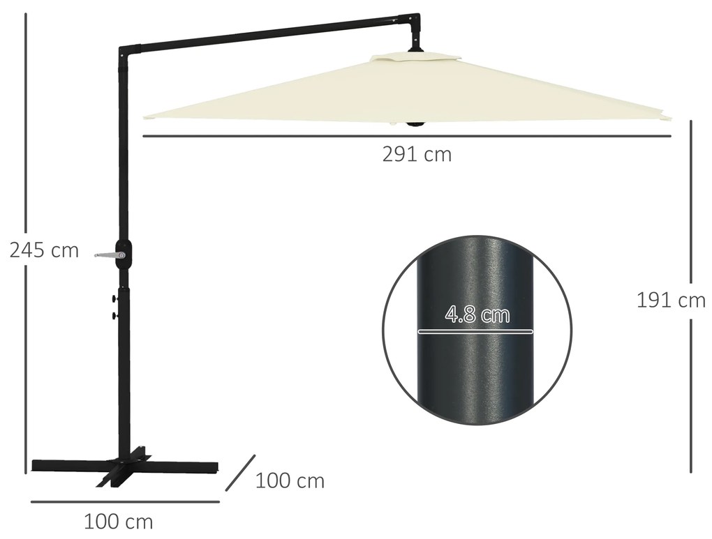 Outsunny Umbrelă Terasă 2.91m cu Consolă, Manivelă, Bază Cruce și Orificiu Aerisire, Suspendată | Aosom Romania