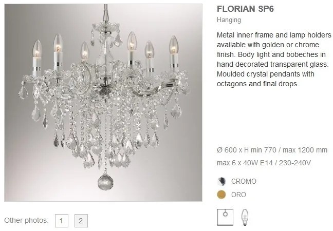 Candelabru 6 brate cristal Venezian FLORIAN SP6 CROMO 035628