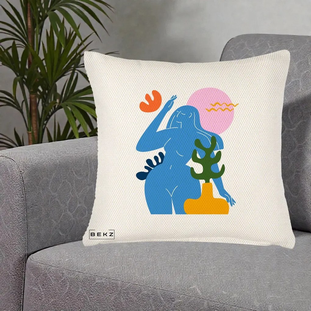 Perna Decorativa Femeie Albastra Cactus, 40x40 cm, Crem Reliefat, Husa Detasabila, Perna Inclusa, BEKZ®