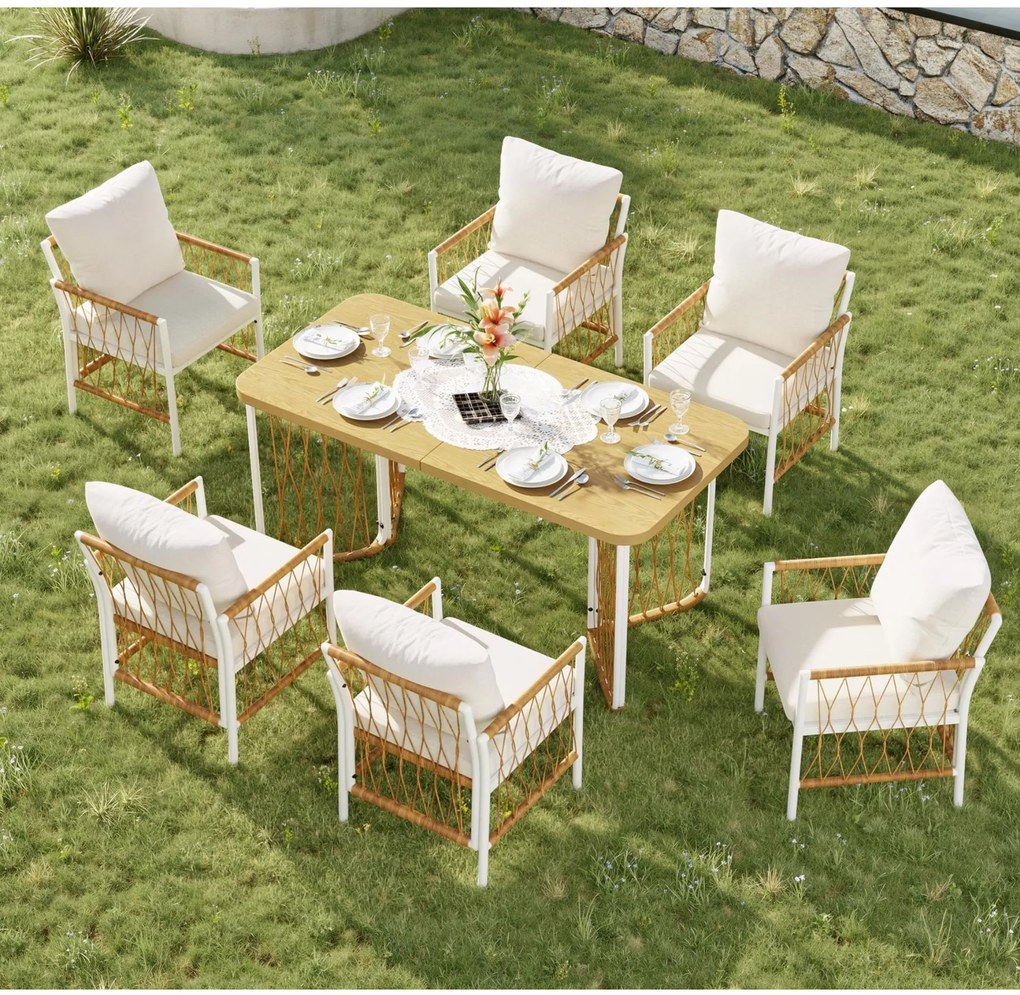 Set modern de mobilier de grădină, 7 piese, cadru alb din fier cu cotiere împletite, 1 masă+6 scaune, Bej+Culoare naturală
