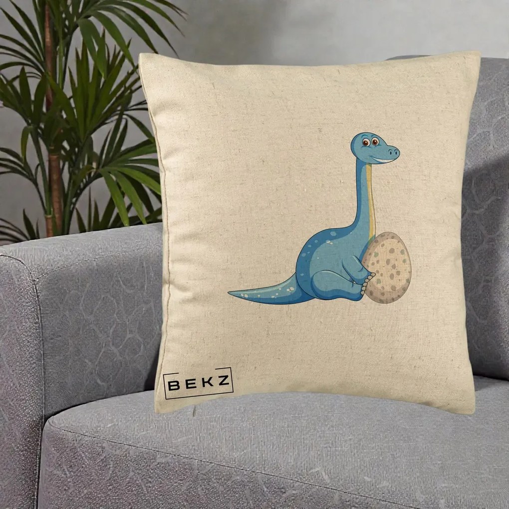Perna Decorativa Brontosaur cu Ou, 40x40 cm, Bej, Husa Detasabila, Perna Inclusa, BEKZ®