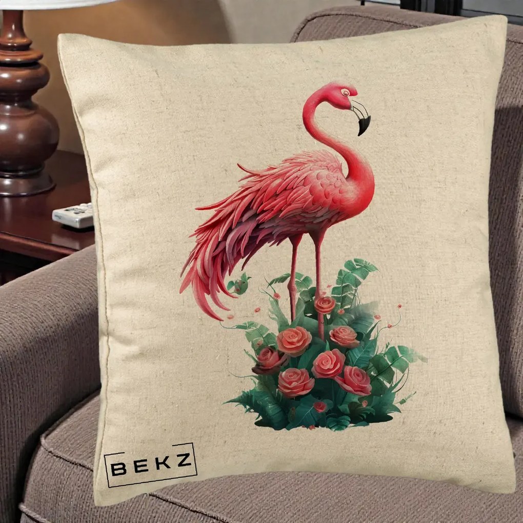 Perna Decorativa Flamingo cu Trandafiri Tropicali, 40x40 cm, Bej, Husa Detasabila, Perna Inclusa, BEKZ®