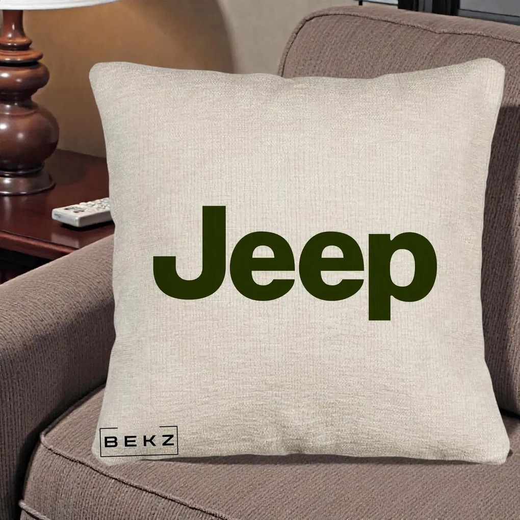 Perna Personalizata cu emblema Jeep, 40x40 cm, Bej Canapea, Husa Detasabila, Perna Inclusa, BEKZ®