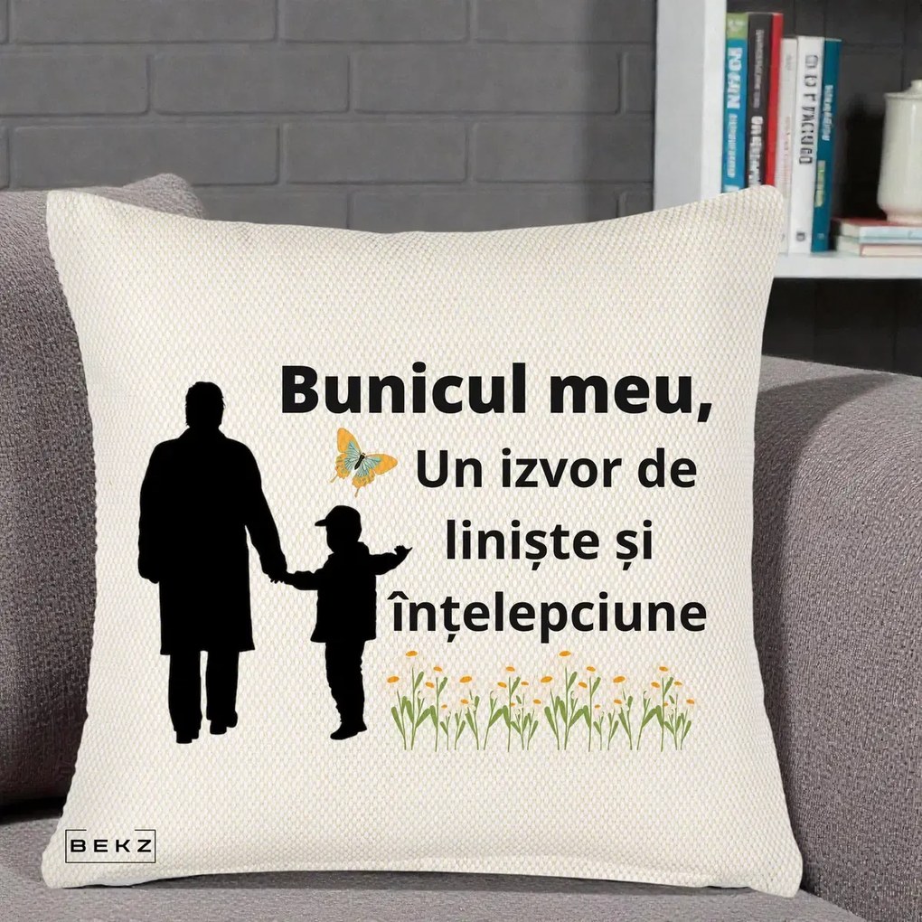 Cadou pentru Bunic - Perna Personalizata Bunicul Meu Izvor de Liniste cu Fluture si Baietel, 40x40 cm, Crem Reliefat, Husa Detasabila, Perna Inclusa, BEKZ®