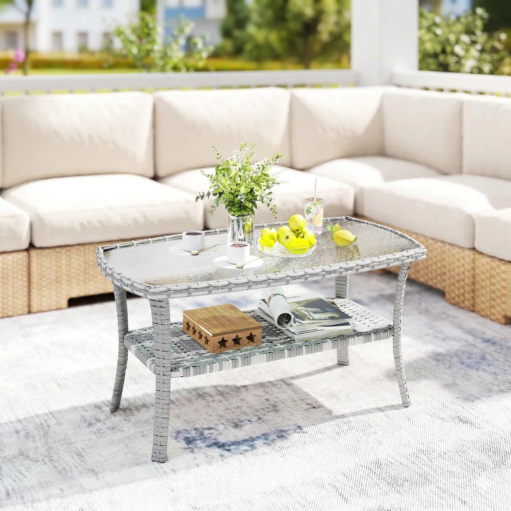 Outsunny Masă de grădină exterioară dreptunghiulară din ratan cu raft blat din sticlă securizată cu model ondulat 90x50x45 cm Gri închis | Aosom Romania