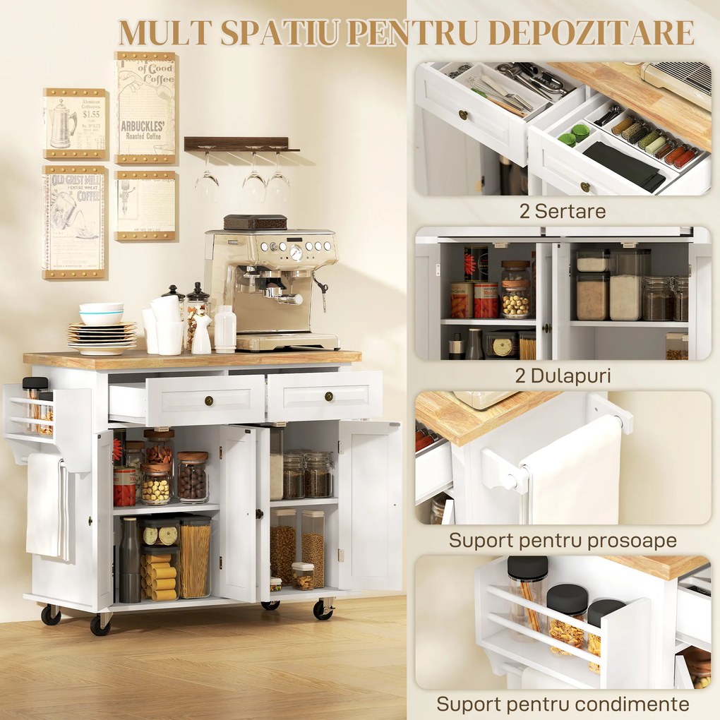 HOMCOM Carucior Bucatarie Sertare Dulapuri 4 Roti Lemn 111x44.5x82.5cm Alb | Aosom Romania