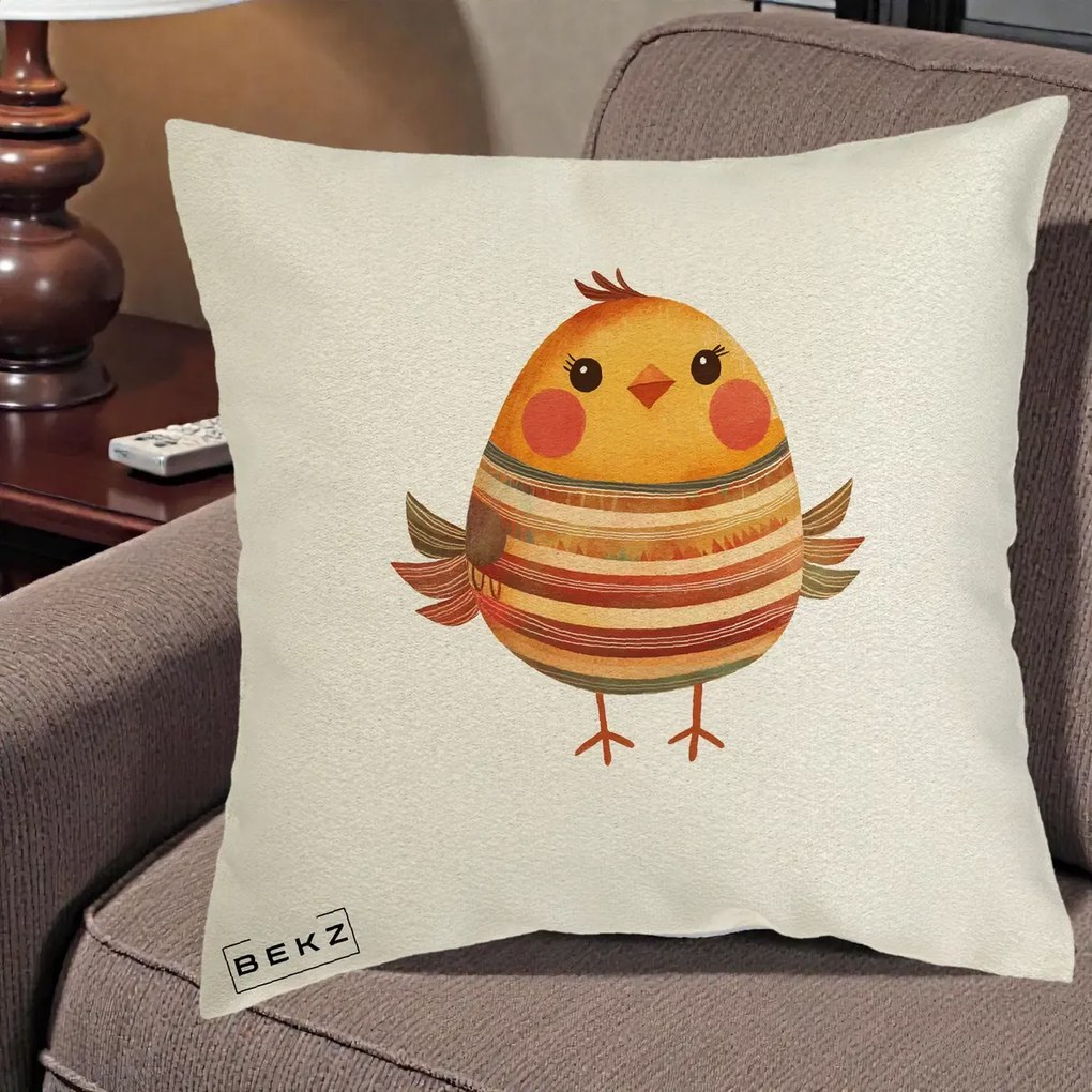 Perna Decorativa Pui Kawaii Portocaliu Dungi Calde, 40x40 cm, Ecru, Husa Detasabila, Perna Inclusa, BEKZ®