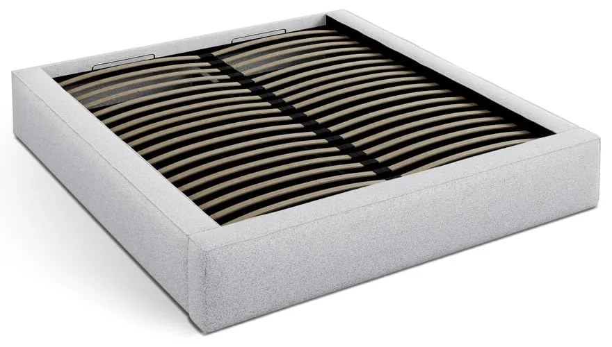 Pat matrimonial gri deschis tapițat cu spațiu de depozitare cu somieră 180x200 cm Simon – Micadoni